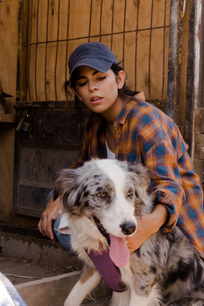 A woman in plaid shirt and cap lovingly petting her Border Collie outdoors.